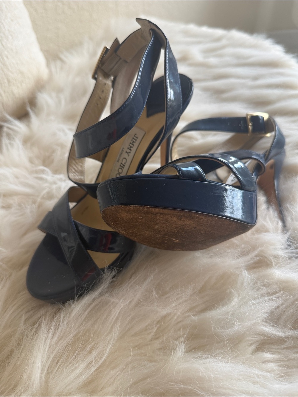 Jimmy Choo Navy Patent Leather Crisscross Platform Heels